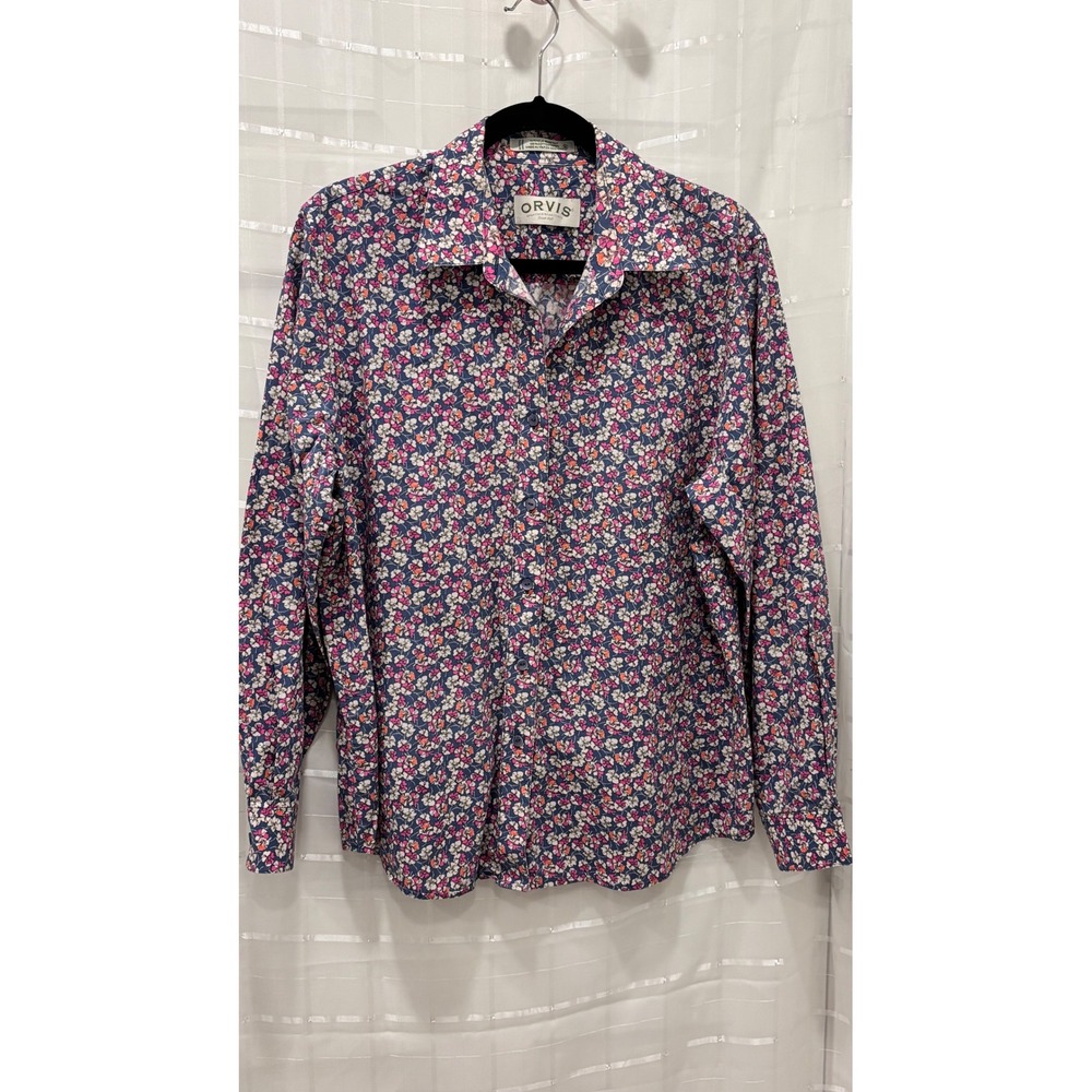 Orvis Womens Wrinkle Resistant‎ Cotton Floral Button Up Shirt Blue Pink Size 16